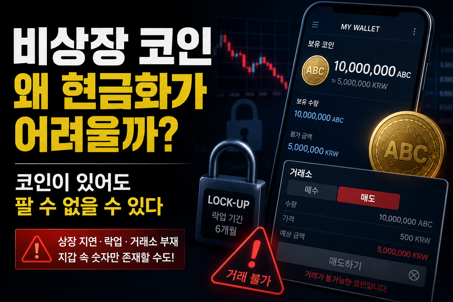 비상장 코인의 현금화 어려움과 상장 지연, 락업, 거래소 부재 위험을 설명하는 대표이미지