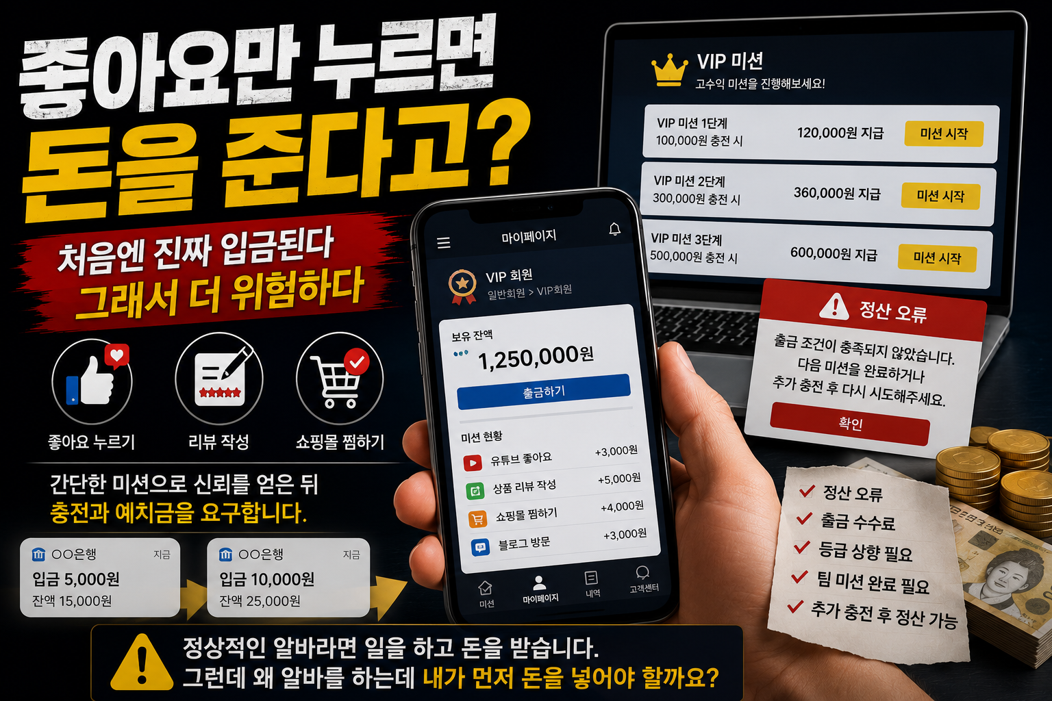 상품 리뷰 작성과 쇼핑몰 평점 관리 업무를 가장해 소액 수익 지급 후 충전과 예치금을 요구하는 구조를 설명하는 대표이미지
